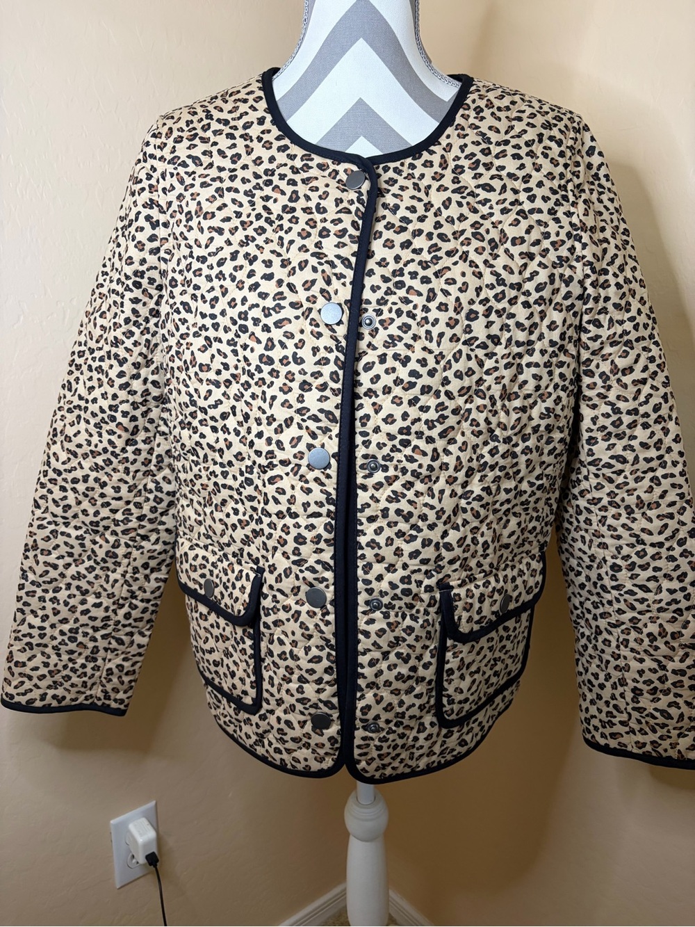 Talbots Animal Print Quilted Jacket with Black Trim